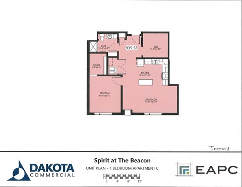 Floor plan for 1 bed, 1 bath, 906 sqft